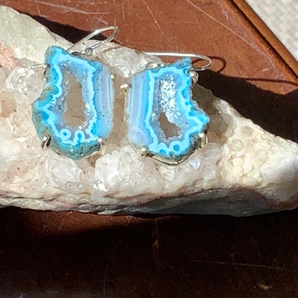MARINE BLUE AGATE GEODE SLICES 925 STERLING SILVER EARRINGS